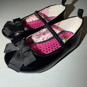 Baby Girls SHINY BLACK MARY JANES Dress Shoes Flats RIBBON BOW Elas Strap SZ 5